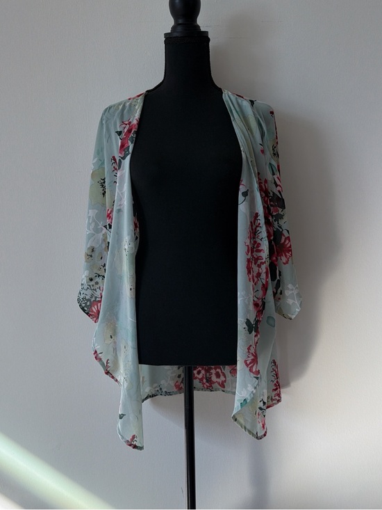 Floral Open-Front Kimono - Light Blue with Pink Floral - Picture 3 of 4